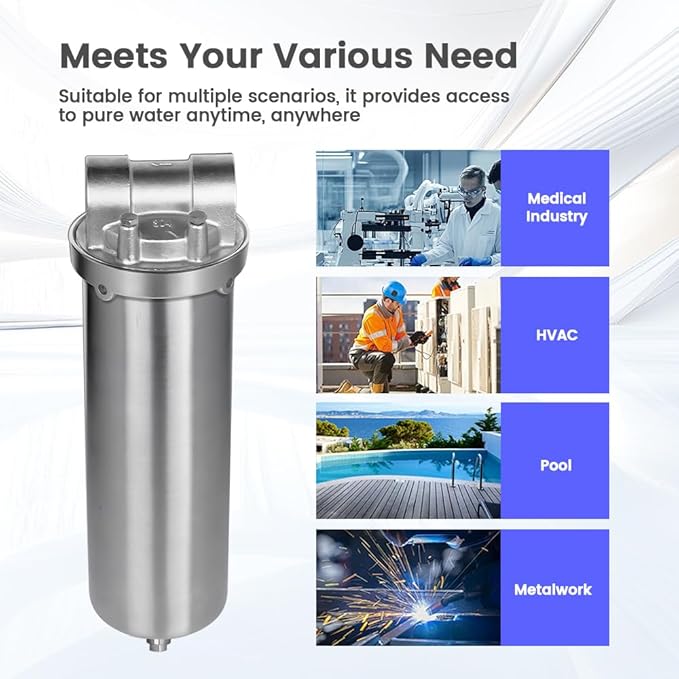Amwater NSF/ANSI 42 Certification Stainless Steel Filter Housing for 10" Filter Cartridge, 1" NPT Water Filter Housing, Drain Valve Style C (Square Head)