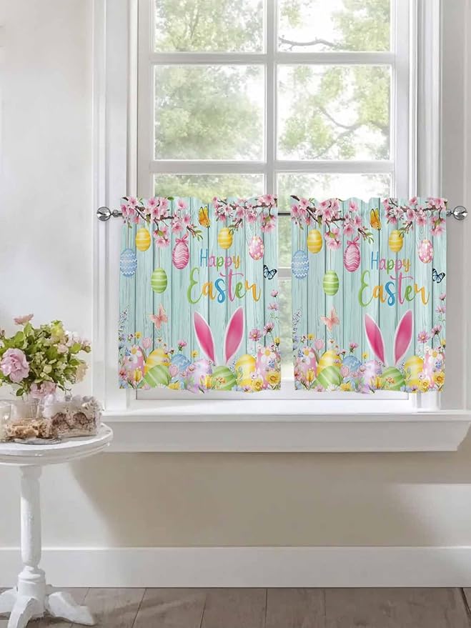 Happy Easter Half Window Curtain 36 Inches Long, Spring Bunny Eggs Flower Teal Wood Grain Window Treatment Curtain Drapes, Small Tier Curtains for Bathroom Over Sink, 27.5"x36", 2 Panels