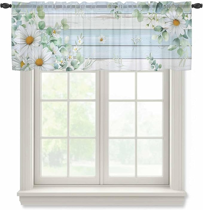 Daisy Eucalyptus Leaves Sheer Valance Curtains, Blue Wood Grain Spring Countryside Light Filtering Kitchen Valances Rod Pocket Voile Curtain Window Treatment for Bedroom/Living Room/Basement 42Wx12L