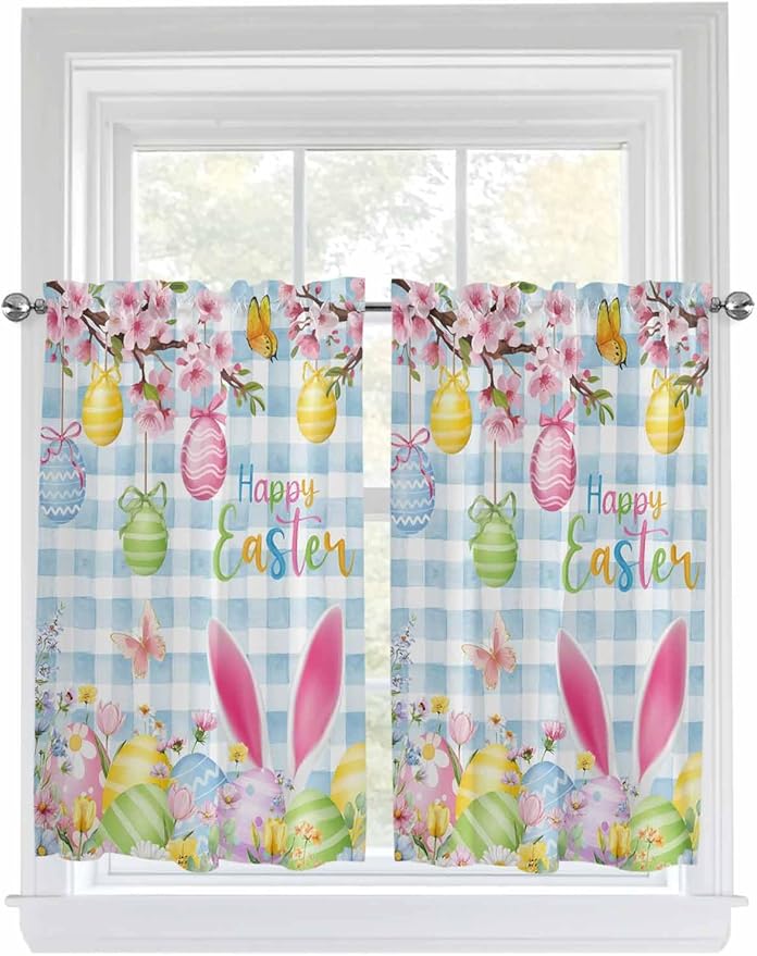 Happy Easter Kitchen Curtains 54 Inches length, Spring Watercolor Bunny Eggs Flower Blue Plaid Window Treatment Curtain Drapes, Decorative Window Curtains for Bedroom Cafe, 52"x54", 2 Panels
