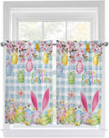 Happy Easter Kitchen Curtains 45 Inches length, Spring Watercolor Bunny Eggs Flower Blue Plaid Window Treatment Curtain Drapes, Lightweight Window Panels for Living Room Bedroom, 52"x45", 2 Panels