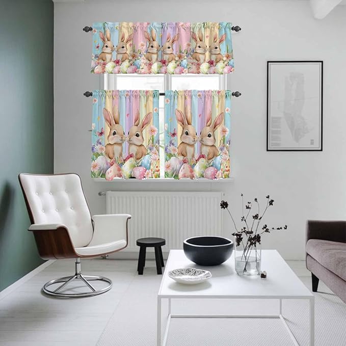 Easter Kitchen Curtains Set 3 Piece for Windows, Rod Pocket Valance and Tier Set 24 Inch Length, Spring Bunny Eggs Botanical Floral Wooden Grain Light Filtering Cafe Curtains for Living Room Bathroom
