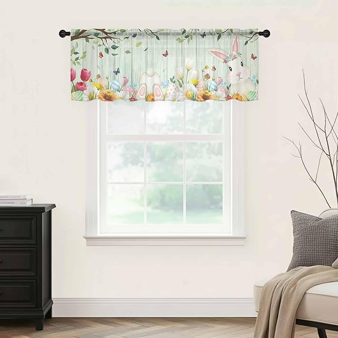 Easter Sheer Valances for Windows 54"x18", Light Filtering Kitchen Curtains Valance, Spring Watercolor Bunny Eggs Tulip Wooden Grain Teal Rod Pocket Chiffon Curtains for Living Room Bedroom Cafe