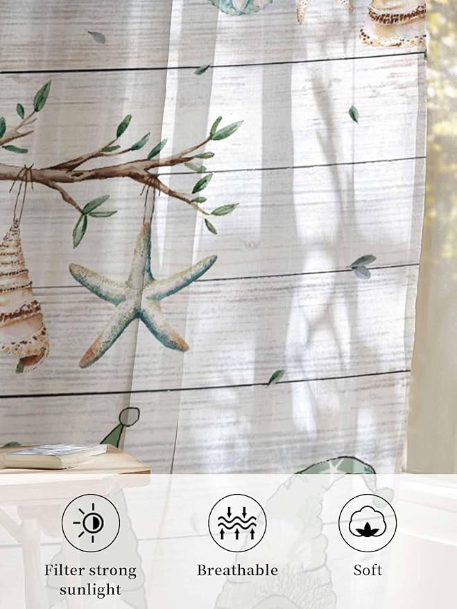 Sheer Curtains 84 Inches Long, Sage Green Gnomes Semi Sheer Curtains Light Filtering Window Treatment, Eucalypus Coastal Anchor Retro Wood Privacy Voile Drapes for Living Room Bedroom 52x84 Inch