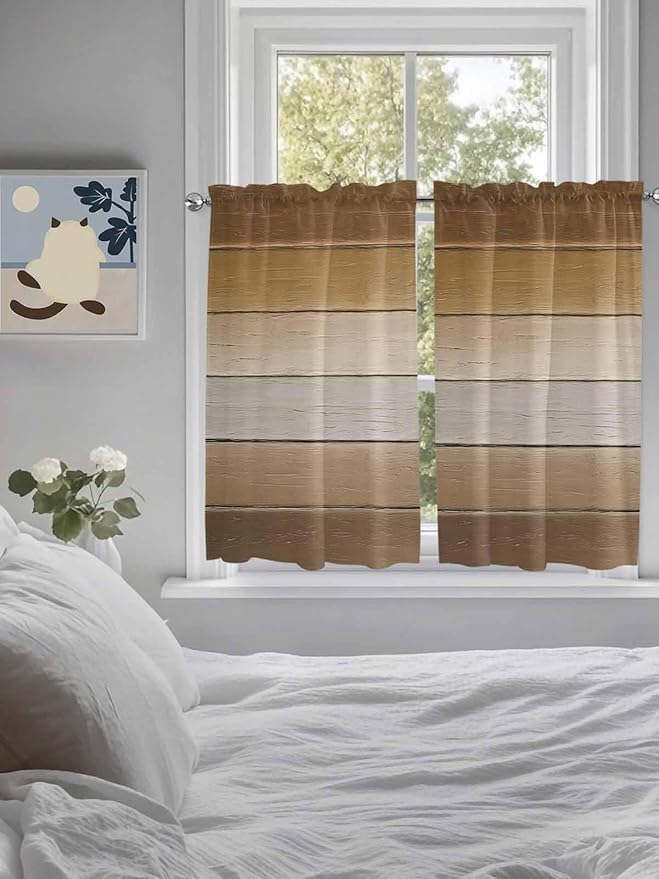 Vintage Brown Gradient Wood Grain Window Valance Curtains, Farmhouse Wood Barn Light Filtering Kitchen Valance with 3-inch Rod Pocket for Living Room Bathroom Bedroom,2 Panel,42x45In