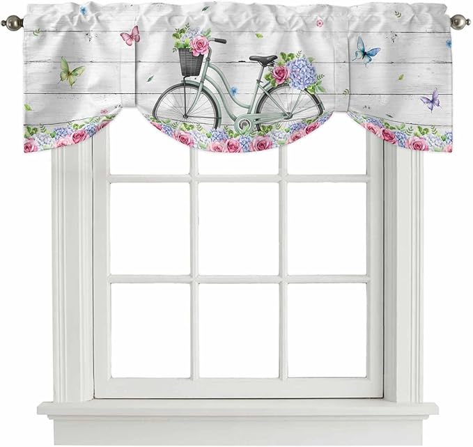 Spring Tie Up Valance Curtains for Windows, Kitchen Curtains Window Shades, Bicycles Botanical Rose Leaves Butterfly Wood Grain Light Filtering Roman Curtain Valances for Bedroom/Bathroom/Cafe 54"x18"