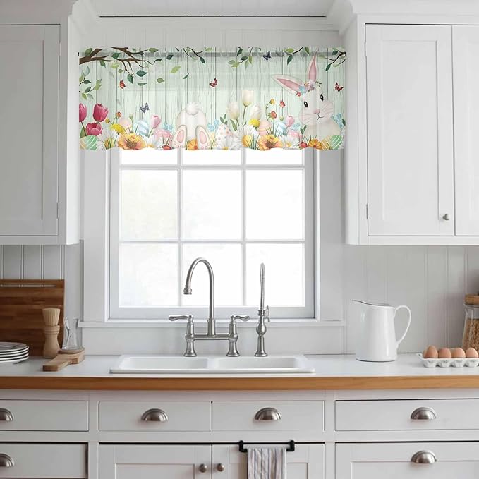 Easter Sheer Valances for Windows 54"x18", Light Filtering Kitchen Curtains Valance, Spring Watercolor Bunny Eggs Tulip Wooden Grain Teal Rod Pocket Chiffon Curtains for Living Room Bedroom Cafe