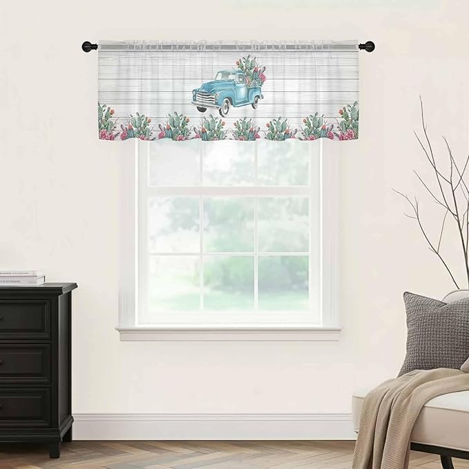 Farmhouse Sheer Valance Curtains, Summer Blue Car with Cactus Succulents Wood Grain Light Filtering Kitchen Valances Rod Pocket Voile Curtain Window Treatment for Bedroom/Living Room/Basement 60Wx18L