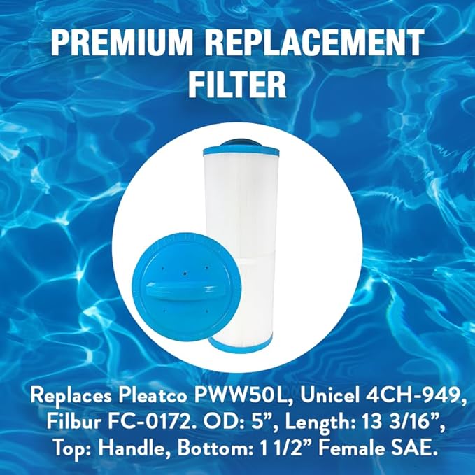 Doheny's PWW50L1 Pool Spa Filter | Filter for Waterway Teleweir 50 | Replaces Pleatco PWW50L, Unicel 4CH-949, Filbur FC-0172 | OD: 5”, Length: 13 3/16”, Top: Handle, Bottom: 1.5” Female SAE | 1-Pack