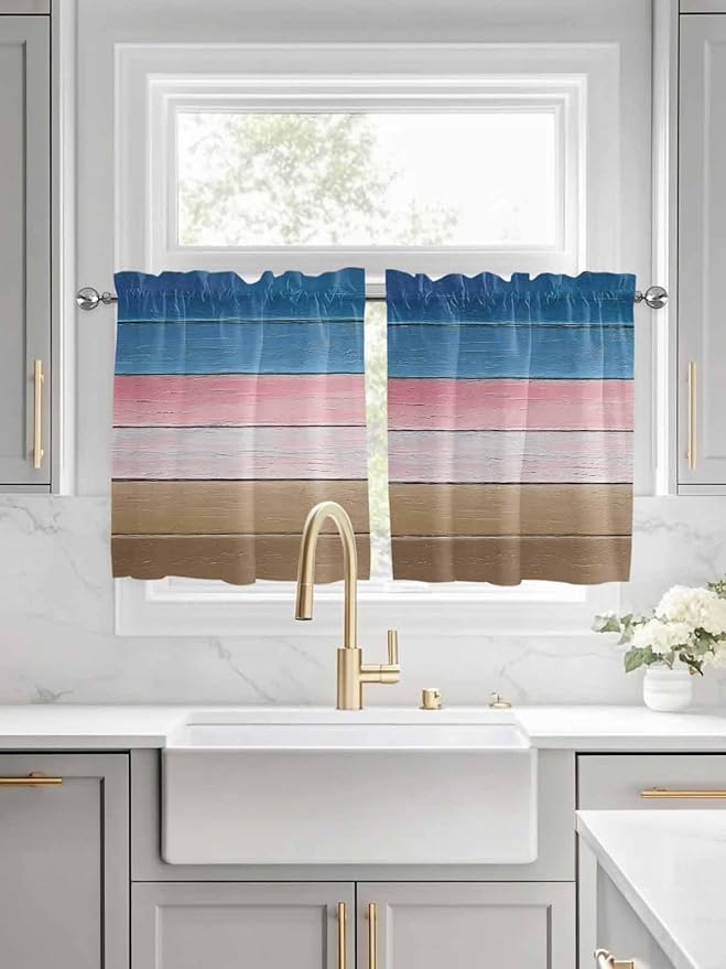 Blue Pink Brown Gradient Wood Grain Window Valance Curtains, Vintage Wood Board Light Filtering Kitchen Valance with 3-inch Rod Pocket for Living Room Bathroom Bedroom,2 Panel,27.5x24In