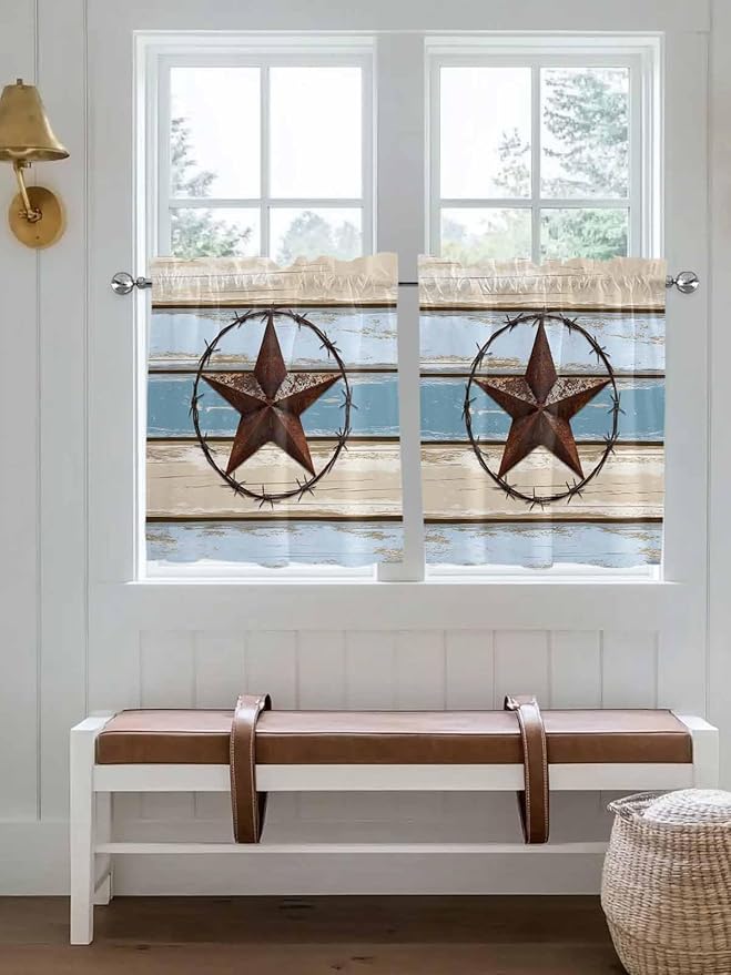 Vintage Western Star on Wood Grain Window Valance Curtains, Retro Wooden Texture Light Filtering Kitchen Valance with 3-inch Rod Pocket for Living Room Bathroom Bedroom,2 Panel,27.5x24In