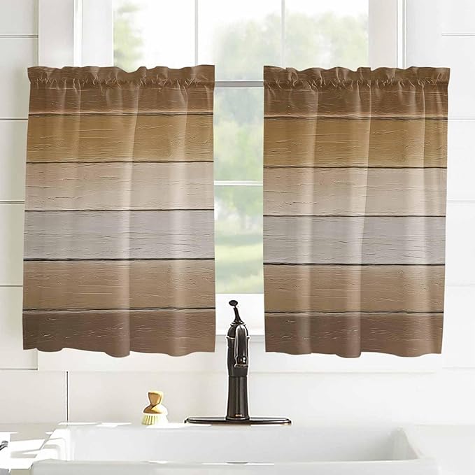 Vintage Brown Gradient Wood Grain Window Valance Curtains, Farmhouse Wood Barn Light Filtering Kitchen Valance with 3-inch Rod Pocket for Living Room Bathroom Bedroom,2 Panel,52x54In