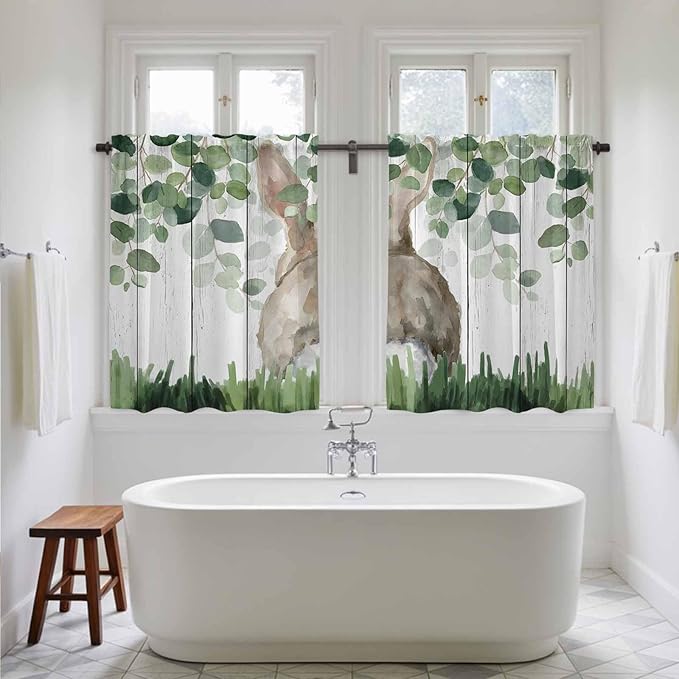Easter Kitchen Curtains, Country Rabbit Botanical Leaves Wooden Grain Light Filtering Window Curtain Panels, 2Pcs Rod Pocket Window Treatments Set for Study Room Bathroom Bedroom 52x54 Inches