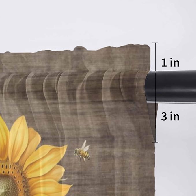 Summer Sunflower Sheer Valance Curtains, Yellow Floral Plants Bees Brown Wood Grain Light Filtering Kitchen Valances Rod Pocket Voile Curtain Window Treatment for Bedroom/Living Room/Basement 42Wx12L