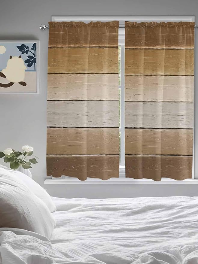 Vintage Brown Gradient Wood Grain Window Valance Curtains, Farmhouse Wood Barn Light Filtering Kitchen Valance with 3-inch Rod Pocket for Living Room Bathroom Bedroom,2 Panel,52x72In