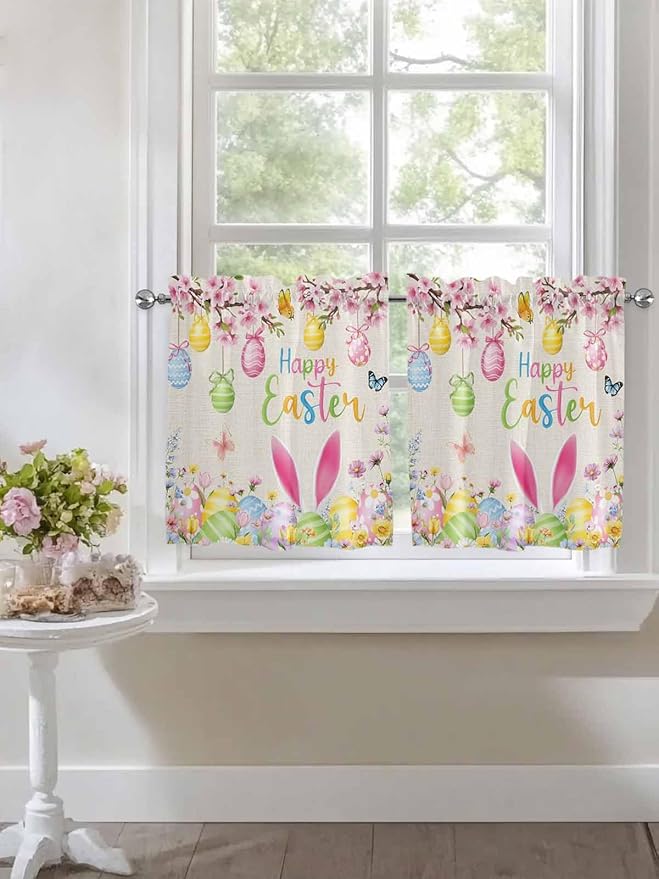 Happy Easter Half Window Curtain 36 Inches Long, Spring Farmhouse Bunny Eggs Flower Beige Window Treatment Curtain Drapes, Small Tier Curtains for Bathroom Over Sink, 27.5"x36", 2 Panels
