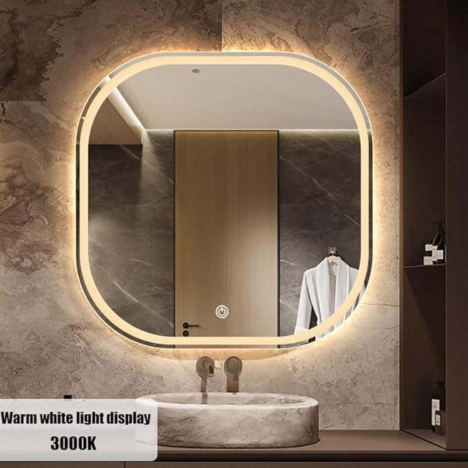 JSLJDM 500X500 mm Illuminated Backlit LED Bathroom Mirror, Wall Mounted Multifunction Bathroom Vanity Mirror with Lights and Demister Pad, Energy-Saving Illuminated Smart Mirror 60cm tricolorlight