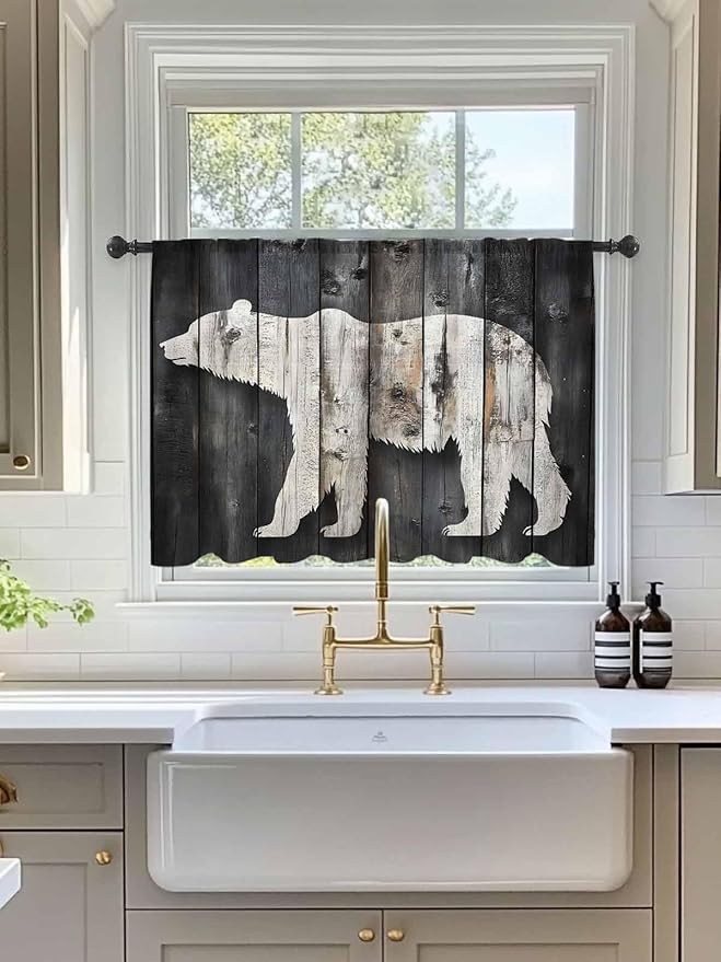 Sheer Curtains 54 Inch Length, White Brown Bear Semi Sheer Curtains Light Filtering Window Treatment, Farmhouse Country Vintage Wood Grain Privacy Voile Drapes for Living Room Bedroom 52x54 Inch
