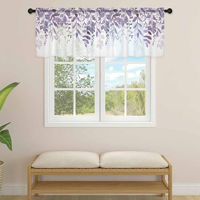Eucalyptus Leaves Sheer Valance Curtains, Purple Leaves Idyllic Winds Farmhouses Light Filtering Kitchen Valances Rod Pocket Voile Curtain Window Treatment for Bedroom/Living Room/Basement 54Wx18L