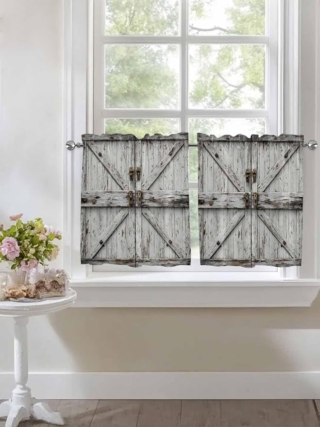 Vintage Gate Half Window Curtain 36 Inches Long, Farmhouse Wooden Grain Shabby Chic Door Window Treatment Curtain Drapes, Small Tier Curtains for Bathroom Over Sink, 27.5"x36", 2 Panels