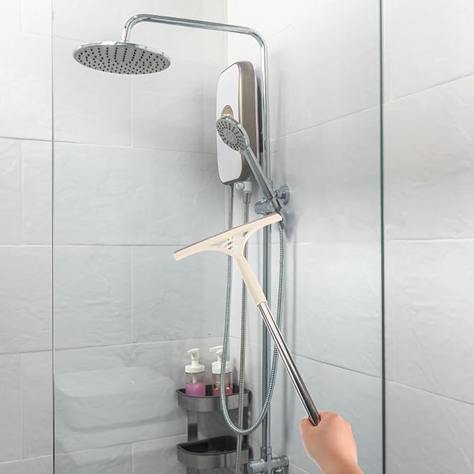 Toyvian Multi-Functional Glass Squeegee with Scrubber, Dry and Wet Use Window Cleaner Tool for Tiles and Car Windows, Khaki Household Extendable Shower Squeegee for Bathroom and Kitchen