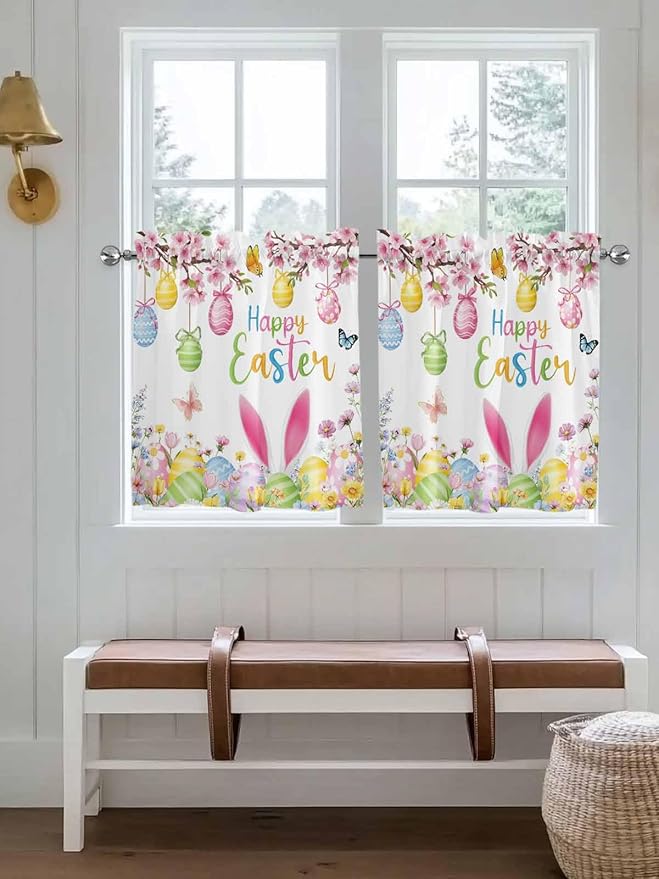 Happy Easter Half Window Curtains 24 Inches Long, Spring Watercolor Bunny Eggs Flower Branch Window Treatment Curtain Drapes, Short Curtains Tiers for Kitchen Over Sink, 27.5"x24", 2 Panels