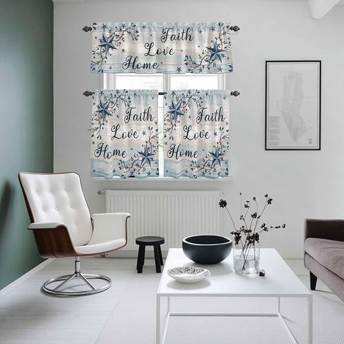 Vintage Farmhouse Kitchen Curtains Set 3 Piece for Windows, Rod Pocket Valance and Tier Set 36 Inch Length, Blue Country Texas Star Vines Wooden Light Filtering Cafe Curtains for Living Room Bathroom
