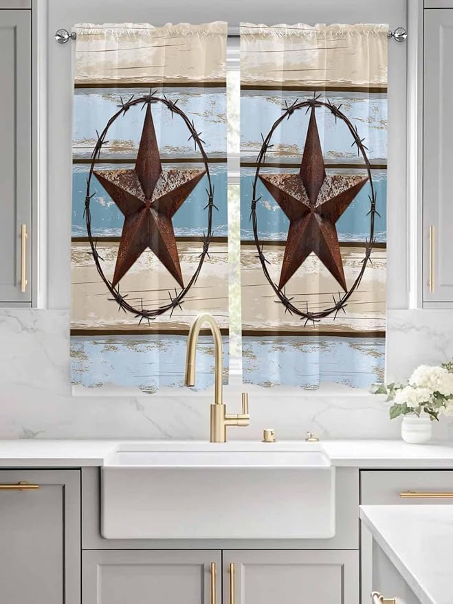 Vintage Western Star on Wood Grain Window Valance Curtains, Retro Wooden Texture Light Filtering Kitchen Valance with 3-inch Rod Pocket for Living Room Bathroom Bedroom,2 Panel,42x63In