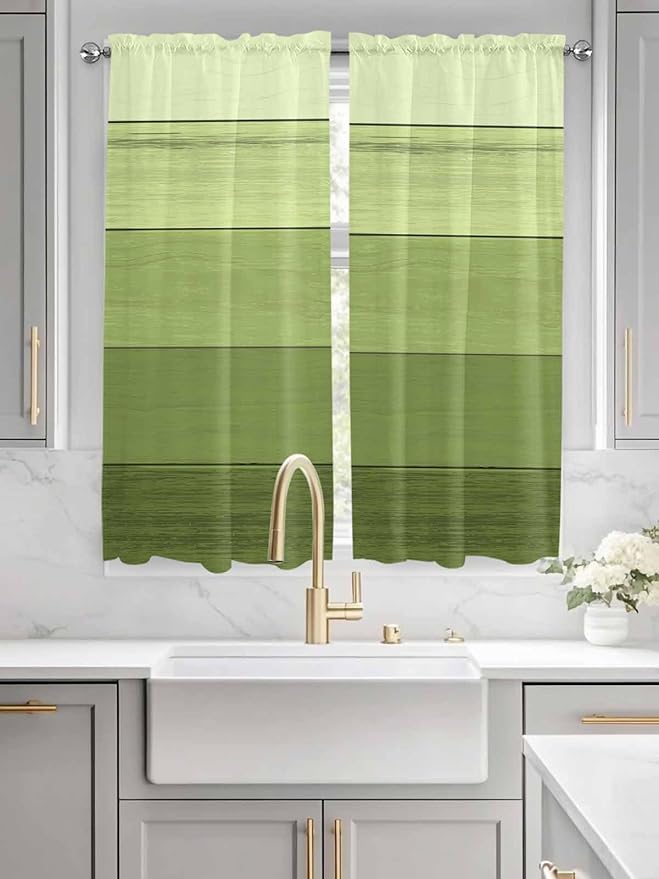 Gradient Green Wooden Board Window Valance Curtains, Retro Country Wood Grain Light Filtering Kitchen Valance with 3-inch Rod Pocket for Living Room Bathroom Bedroom,2 Panel,52x72In