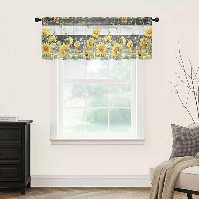 Summer Floral Sheer Valance Curtains, Watercolor Sunflower Eucalyptus Leaves Black Wood Grain Light Filtering Kitchen Valances Rod Pocket Voile Curtain for Bedroom/Living Room/Basement 42Wx12L