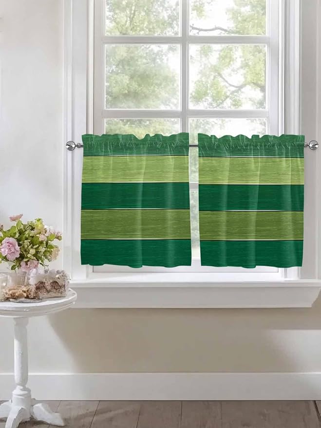 Farm Retro Green Wood Grain Window Valance Curtains, Rustic Wooden Plank Texture Light Filtering Kitchen Valance with 3-inch Rod Pocket for Living Room Bathroom Bedroom,2 Panel,27.5x36In