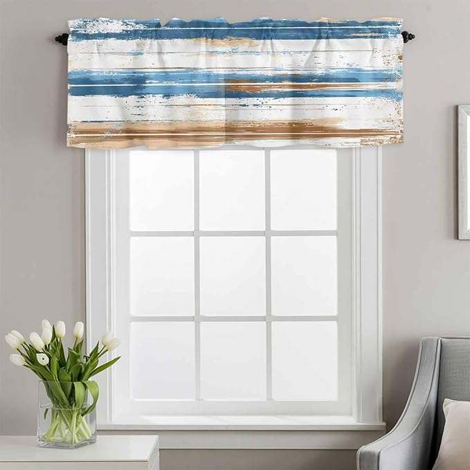 Vintage Blue Valances for Windows, Brown Wood Grain Mottled Texture Abstract Art Kitchen Valance Light Filtering Rod Pocket Short Curtains for Kitchen Bathroom, 1 Panel, 54"x18"