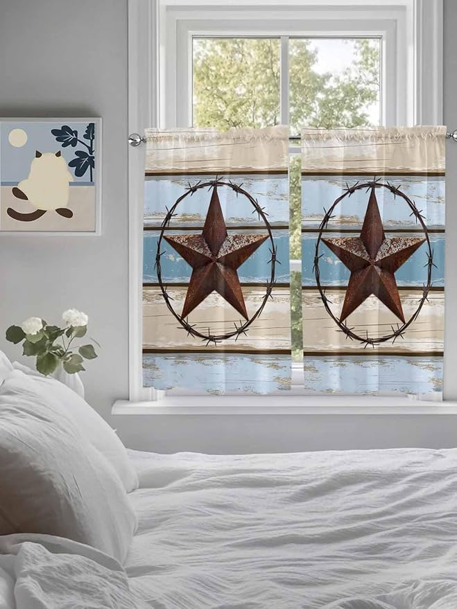 Vintage Western Star on Wood Grain Window Valance Curtains, Retro Wooden Texture Light Filtering Kitchen Valance with 3-inch Rod Pocket for Living Room Bathroom Bedroom,2 Panel,42x54In