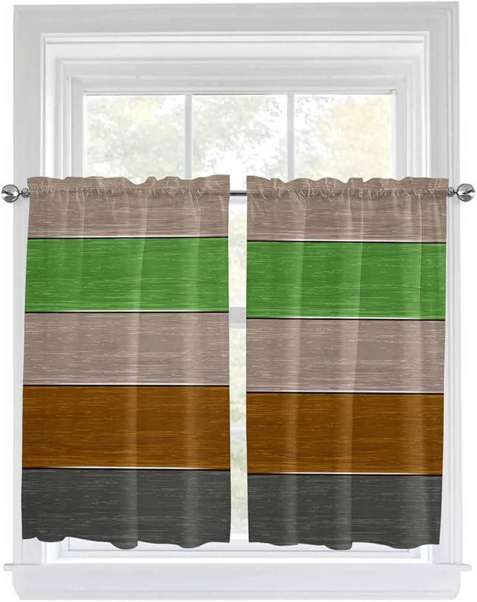 Farm Gray Green Brown Wood Grain Window Valance Curtains, Rustic Wooden Plank Light Filtering Kitchen Valance with 3-inch Rod Pocket for Living Room Bathroom Bedroom,2 Panel,27.5x45In