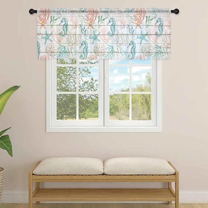 Teal Seahorse Starfish Sheer Valance Curtains, Summer Beach Coral Shell Board Light Filtering Kitchen Valances Rod Pocket Voile Curtain Window Treatment for Bedroom/Living Room/Basement 60Wx18L