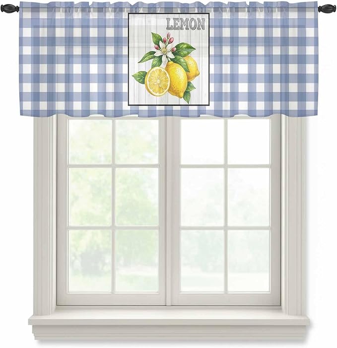 Lemon Sheer Valance Curtains, Summer Fruit Floral Wood Grain Blue Plaid Light Filtering Kitchen Valances Rod Pocket Voile Curtain Window Treatment for Bedroom/Living Room/Basement 42Wx18L
