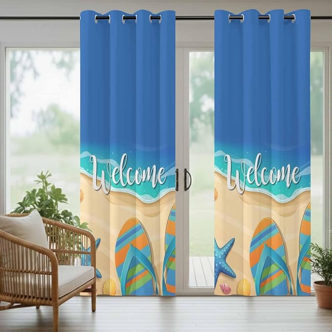 Summer Outdoor Curtains for Patio Beach Slippers Plumeria Waterproof Outside Curtains with Grommet Top Weatherproof Curtain for Cabana Pergola Gazebo, 1 Panel, 54" W x 95" L