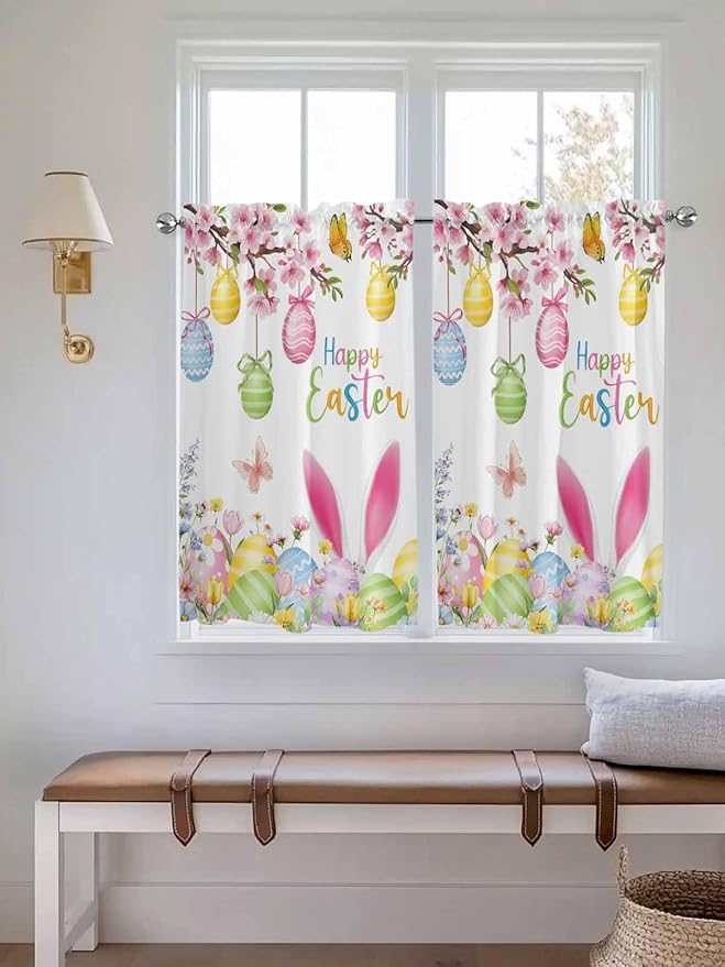 Happy Easter Tier Curtains 45 Inches Long, Spring Watercolor Bunny Eggs Flower Branch Window Treatment Curtain Drapes, Window Half Privacy Curtains for Bedroom Bathroom, 42"x45", 2 Panels