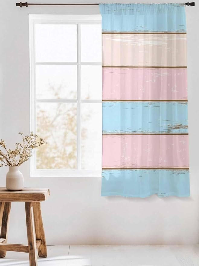Sheer Curtains 63 Inch Length, Pink Blue Wood Grain Semi Sheer Curtains Light Filtering Window Treatment, Farmhouse Country Shabby Striped Privacy Voile Drapes for Living Room Bedroom 52x63 Inch