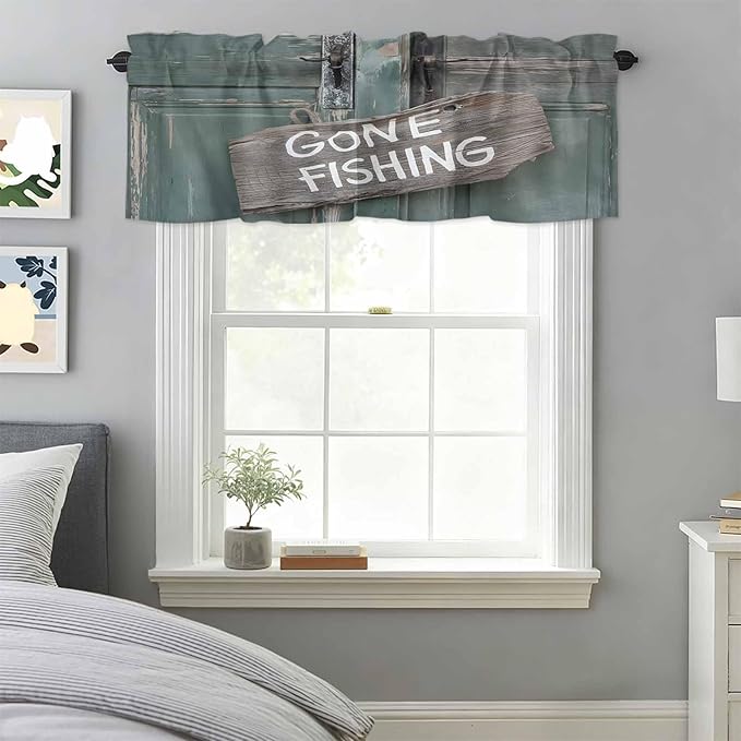 Gone Fishing Valances for Windows, Bronze Wood Grain Kitchen Valance Light Filtering Rod Pocket Short Curtains for Kitchen Bathroom, 1 Panel, 60"x14"