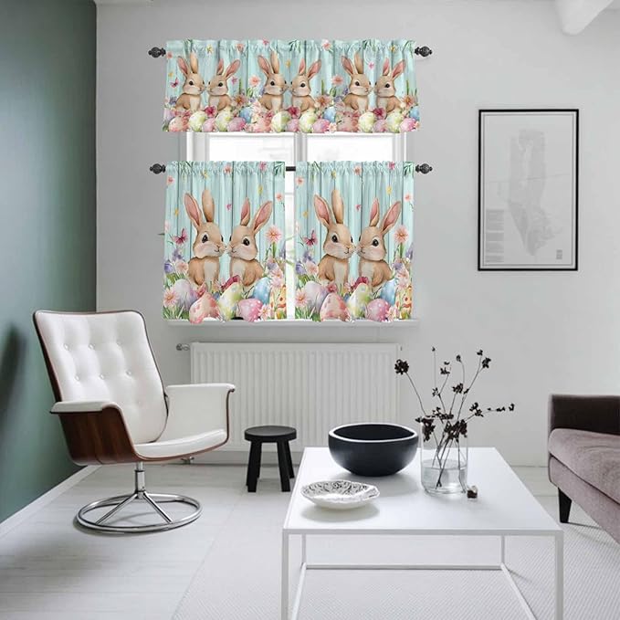 Easter Kitchen Curtains Set 3 Piece for Windows, Rod Pocket Valance and Tier Set 36 Inch Length, Spring Rabbit Colorful Eggs Flowers Wooden Grain Light Filtering Cafe Curtains for Living Room Bathroom