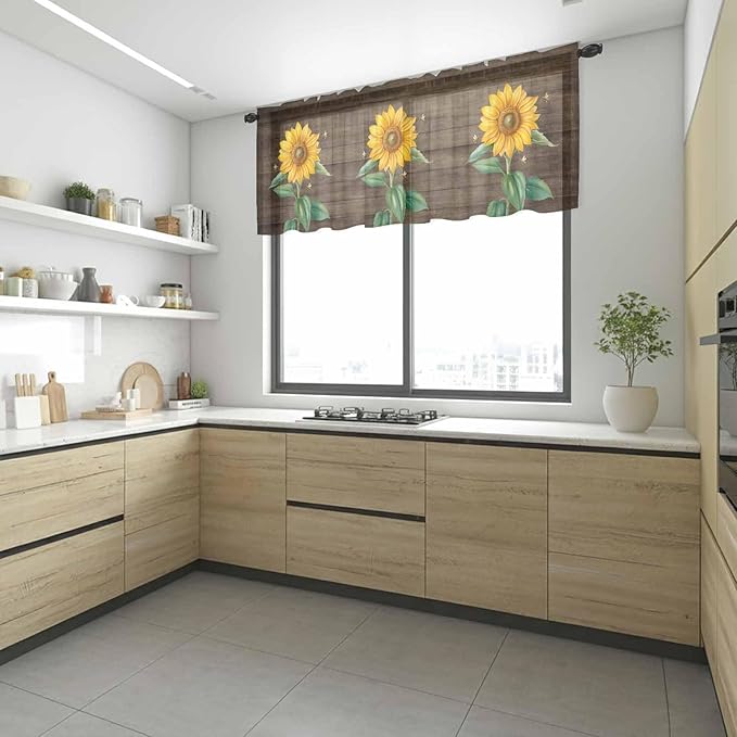 Summer Sunflower Sheer Valance Curtains, Yellow Floral Plants Bees Brown Wood Grain Light Filtering Kitchen Valances Rod Pocket Voile Curtain Window Treatment for Bedroom/Living Room/Basement 42Wx12L