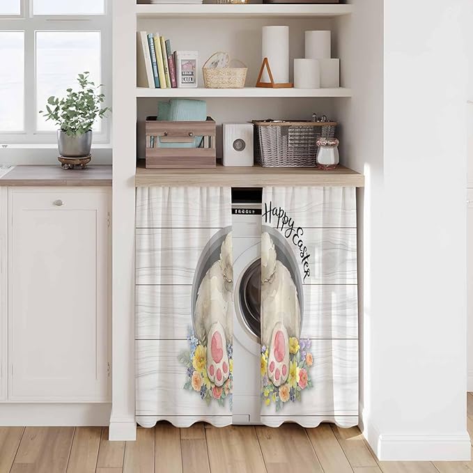 Easter Bunny Kitchen Tier Curtains 45 Inch Long 2 Panel Set,Rod Pocket Short Window Treatment,3D Optical Illusion Farmhouse Flower Wood Grain Light Filtering Curtains & Drapes 27.5"W x 45"L