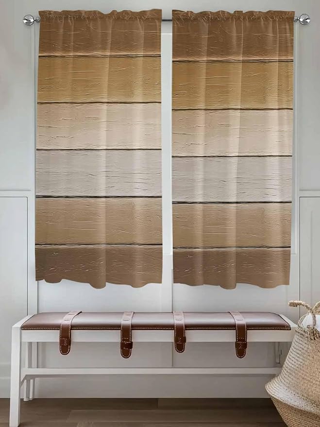 Vintage Brown Gradient Wood Grain Window Valance Curtains, Farmhouse Wood Barn Light Filtering Kitchen Valance with 3-inch Rod Pocket for Living Room Bathroom Bedroom,2 Panel,42x63In