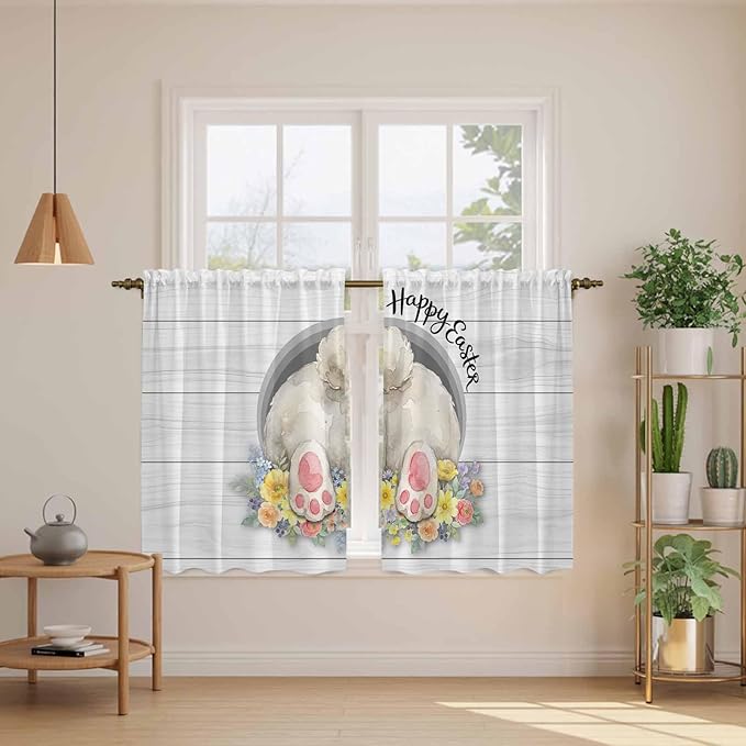 Easter Bunny Kitchen Tier Curtains 45 Inch Long 2 Panel Set,Rod Pocket Short Window Treatment,3D Optical Illusion Farmhouse Flower Wood Grain Light Filtering Curtains & Drapes 27.5"W x 45"L