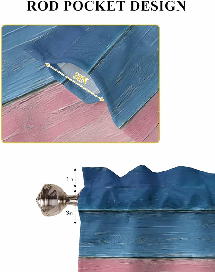 Blue Pink Brown Gradient Wood Grain Window Valance Curtains, Vintage Wood Board Light Filtering Kitchen Valance with 3-inch Rod Pocket for Living Room Bathroom Bedroom,2 Panel,42x63In