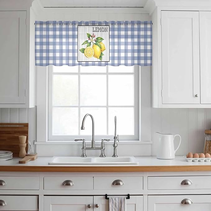 Lemon Sheer Valance Curtains, Summer Fruit Floral Wood Grain Blue Plaid Light Filtering Kitchen Valances Rod Pocket Voile Curtain Window Treatment for Bedroom/Living Room/Basement 42Wx18L