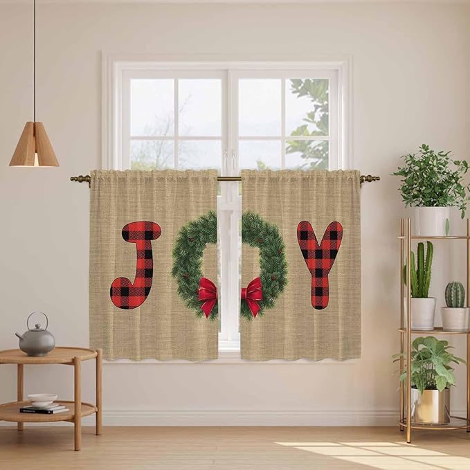 Red Green Christmas Kitchen Tier Curtains 45 Inch Long 2 Panel Set,Rod Pocket Short Window Treatment,Xmas Botanical Winter Farmhouse Curtains & Drapes for Bathroom Basement 27.5"W x 45"L