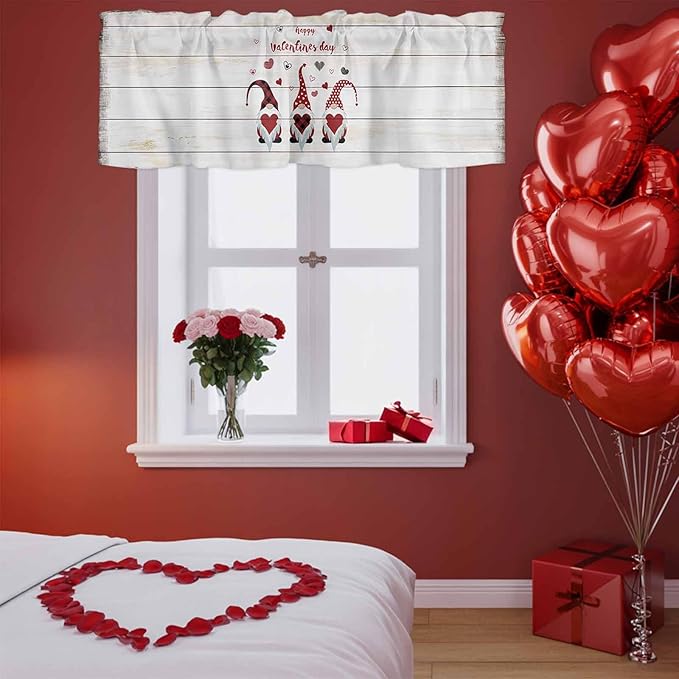 Happy Valentine's Valance Curtains for Kitchen, Day Gnomes Love Heart on Rustic Wood Grain Privacy Rod Pocket Valance Curtain, Light-Filtering Window Treatment for Bedroom Bathroom, 54"x18"