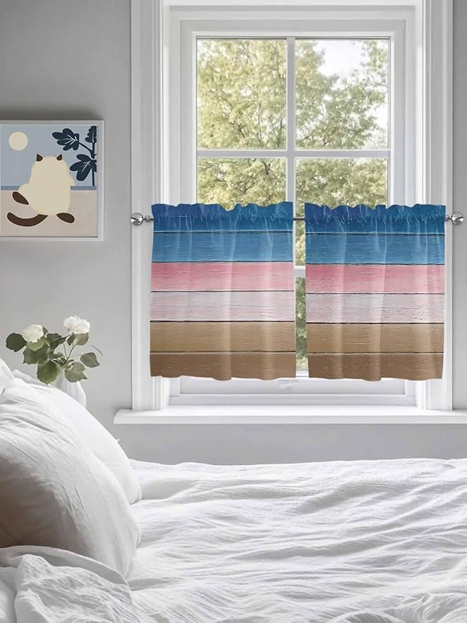 Blue Pink Brown Gradient Wood Grain Window Valance Curtains, Vintage Wood Board Light Filtering Kitchen Valance with 3-inch Rod Pocket for Living Room Bathroom Bedroom,2 Panel,27.5x24In